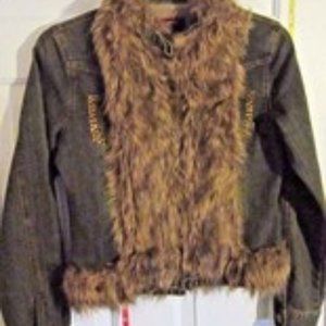 LADIES JACKET PLATINUM PLUSH DENIM MEDIUM FAUX FUR COLLAR FRONT